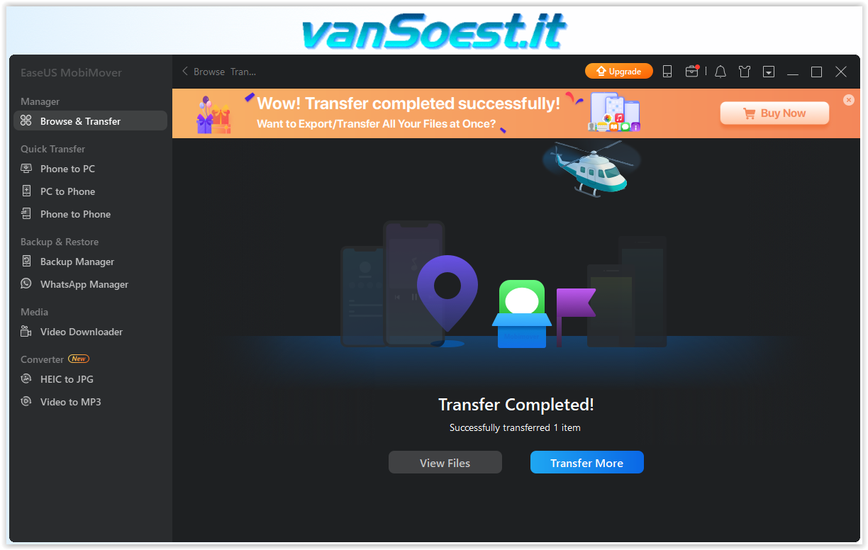 EaseUS MobiMover Free: Transfer complete, the files are default on your desktop.